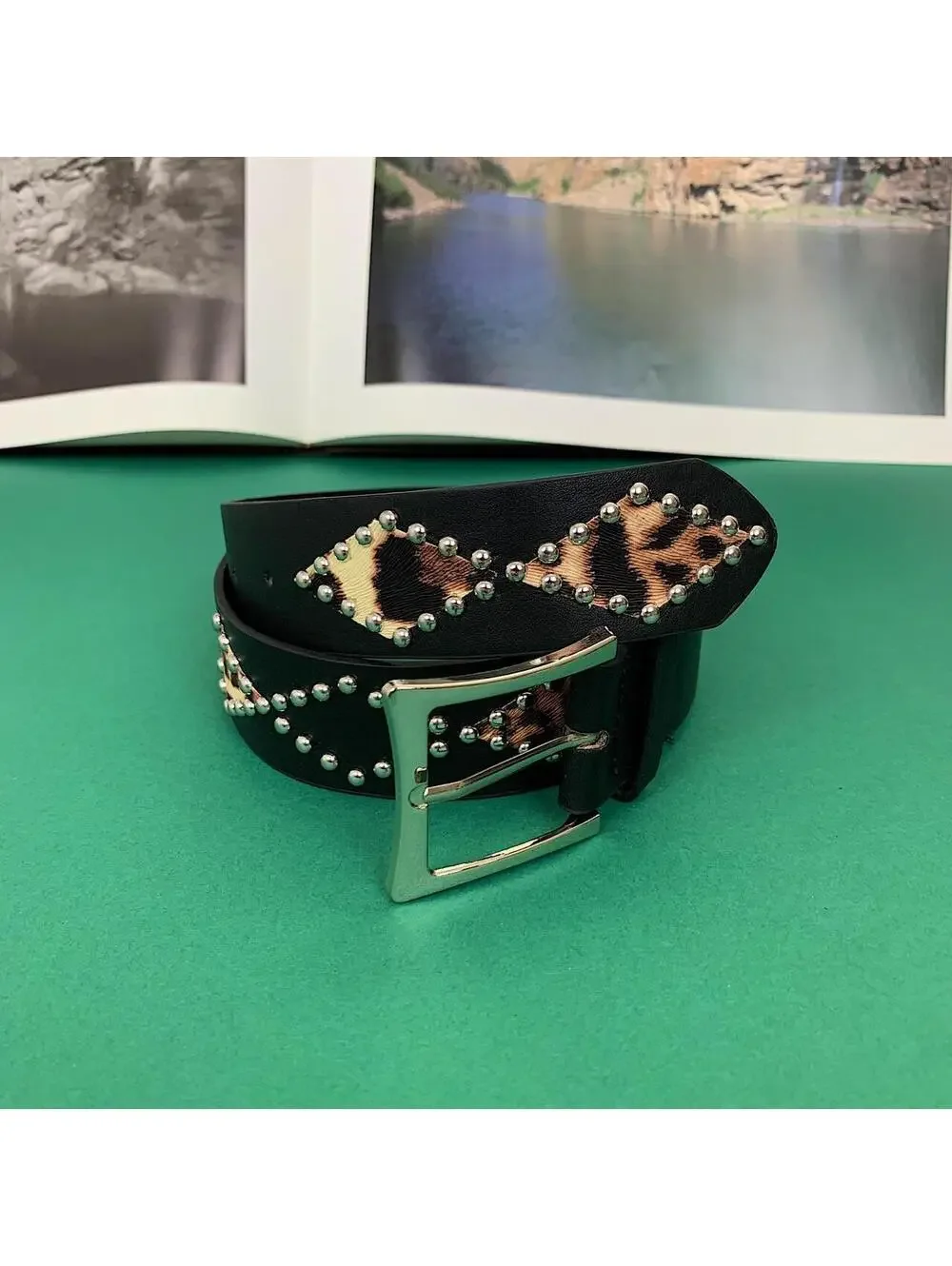 Vintage Y2K style Cheetah Print Studded Black Belt. 39 inches fits a 26-34